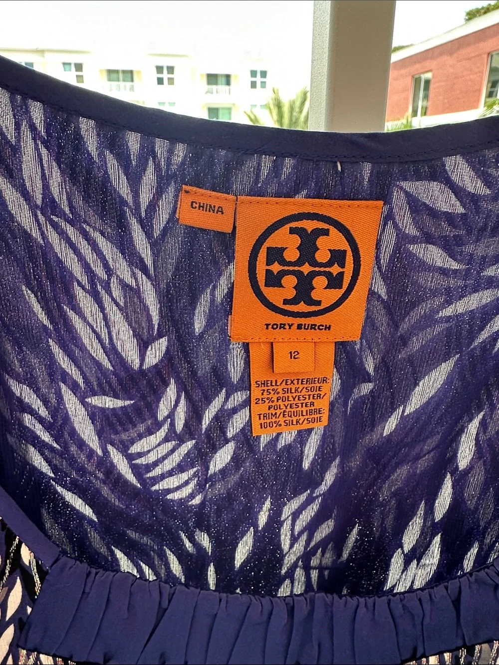 Tory Burch Navy and White Sheer Printed Sleeveless Shell